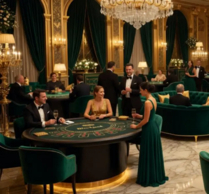 Casino Royale theme with roulette and blackjack tables in a gold and emerald setting