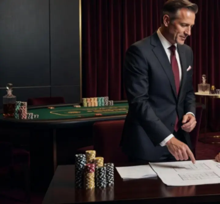 Specialist reviewing event details beside premium casino-style gaming tables