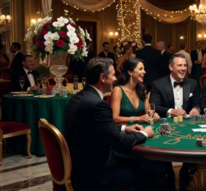 Guests enjoying a luxury casino-style event with gaming tables and ambient lighting.