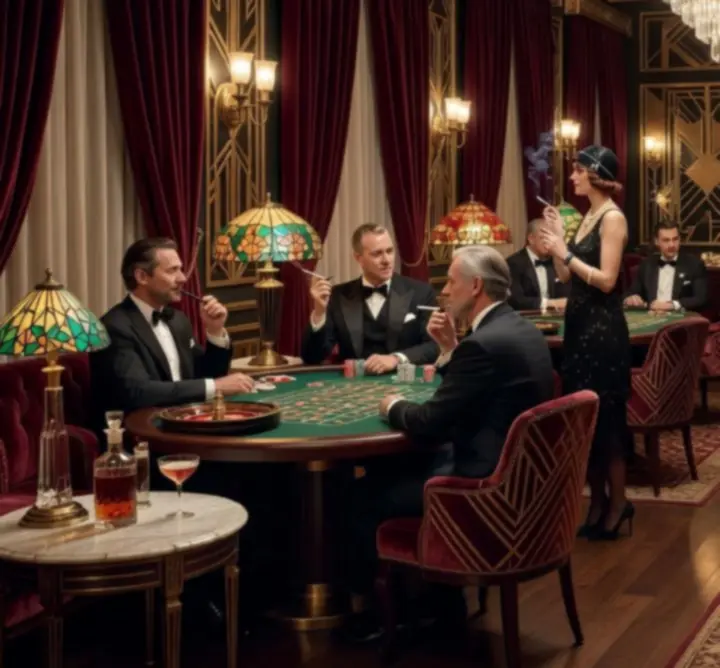 Gatsby-inspired themed casino lounge with art deco styling