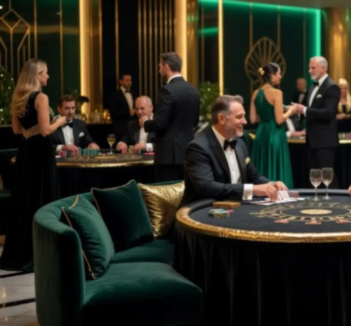 Luxurious casino-style event with elegant gaming tables and moody lighting.