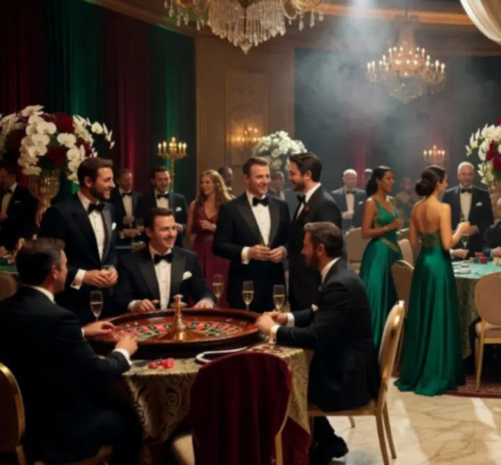 Cinematic luxury casino-style event with gaming tables and atmospheric lighting