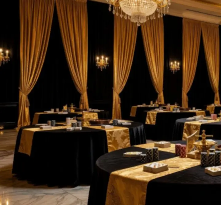 Luxury casino-style themed event with guests enjoying gaming tables and atmospheric lighting.
