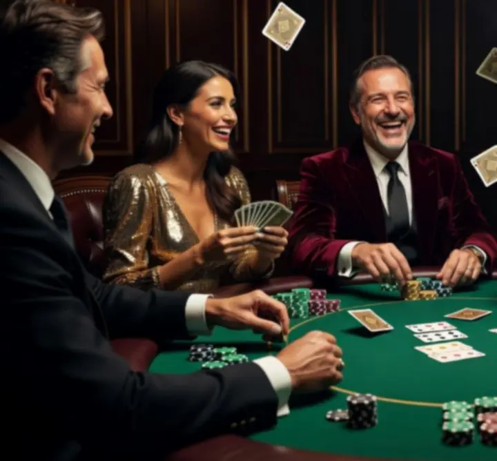 Guests gathered around a poker table with professional host in a moody lounge setting.