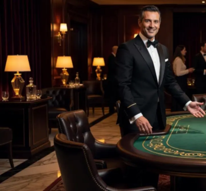 Professional casino-style event host welcoming guests at a luxury gaming table