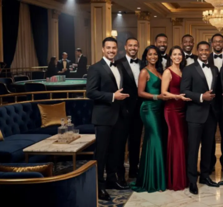 Agencja Menadżerska FG Rafał Tragarz professional host team posing at a luxury casino-themed event