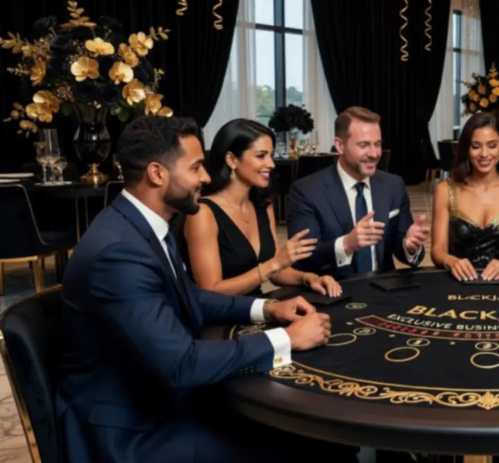 Corporate guests enjoying a casino-style event with blackjack and roulette tables