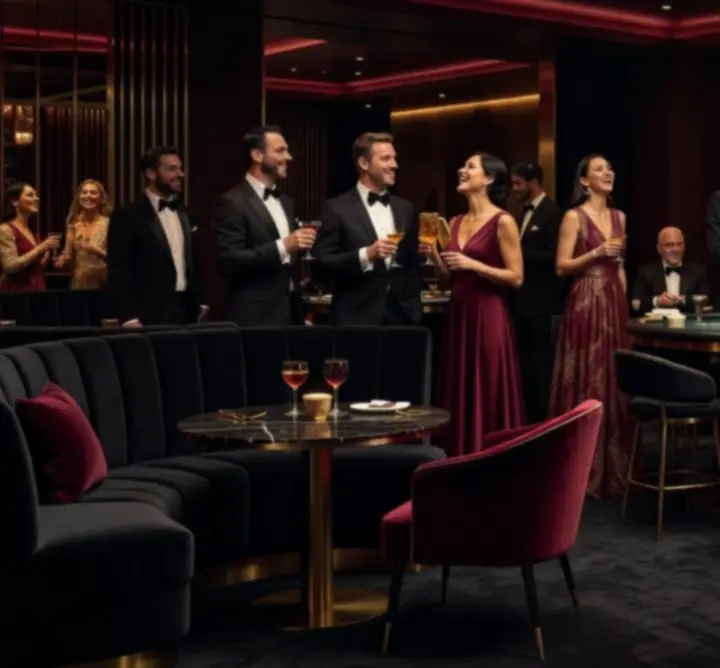 Well-dressed guests enjoying a luxurious lounge with casino-style entertainment.