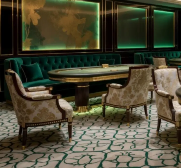 Detail of an opulent VIP casino lounge with gold accents and moody lighting